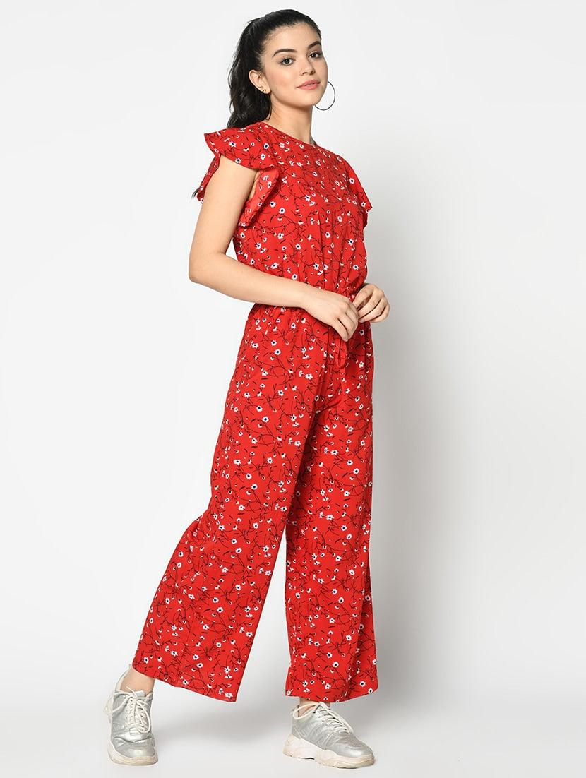 red flora printed full leg jumpsuit