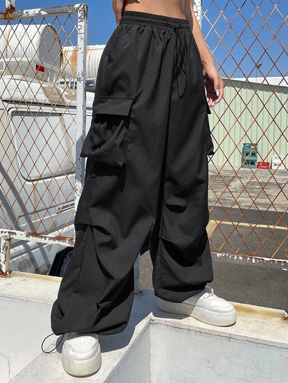 women solid high rise parachute pants