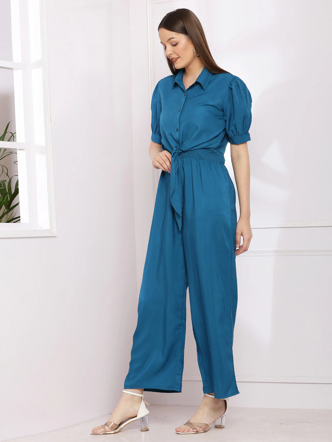 solid blue detailed jumpsuit with short jacket