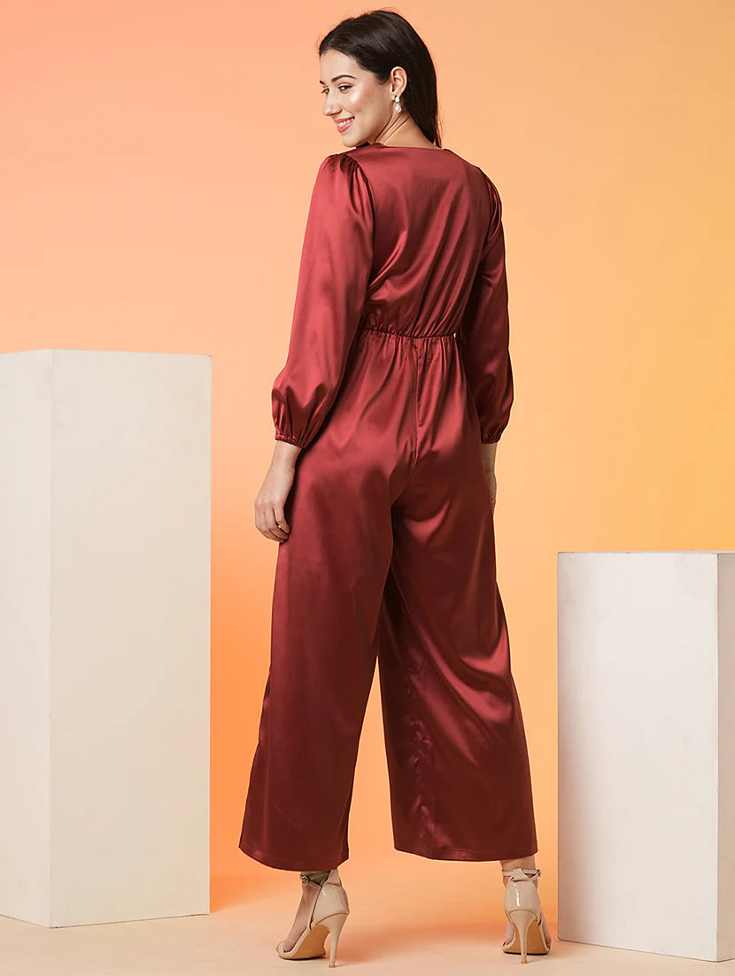 women solid maroon full length jumpsuit