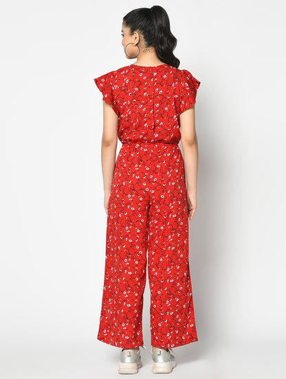 red flora printed full leg jumpsuit