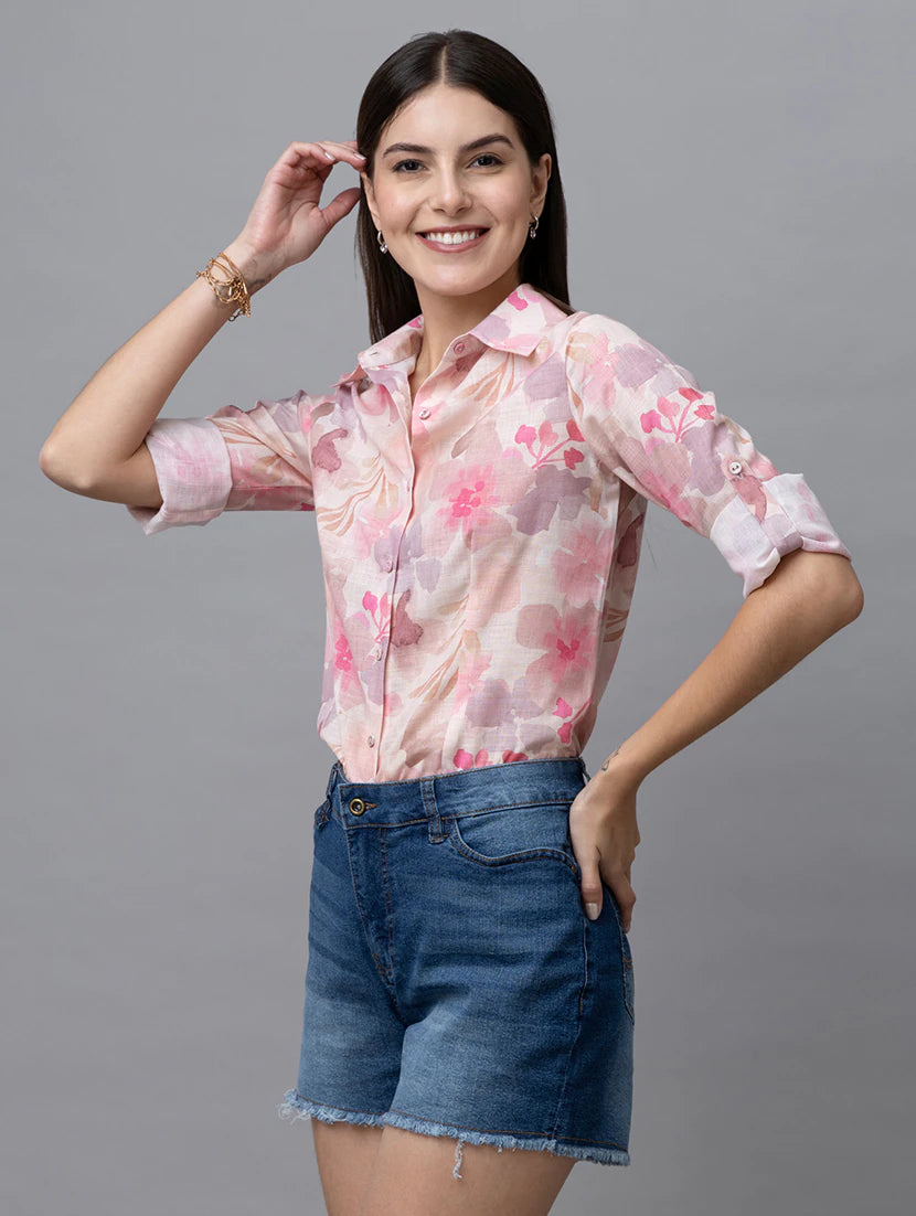 women beige florals printed regular shirt