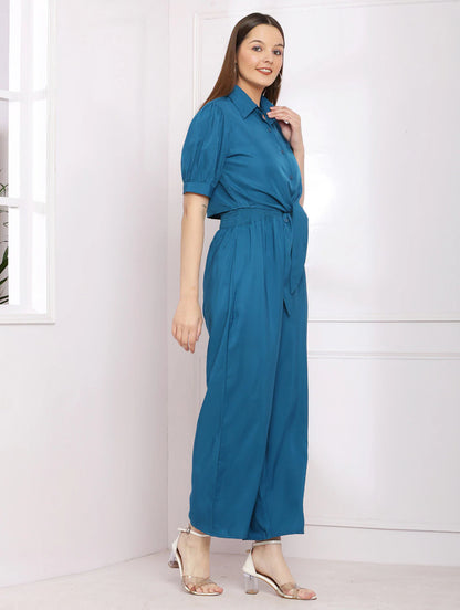 solid blue detailed jumpsuit with short jacket